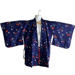 Vtg AI Kimono Jacket Womens Medium Navy Blue Red Floral Print Yukata Robe Japan